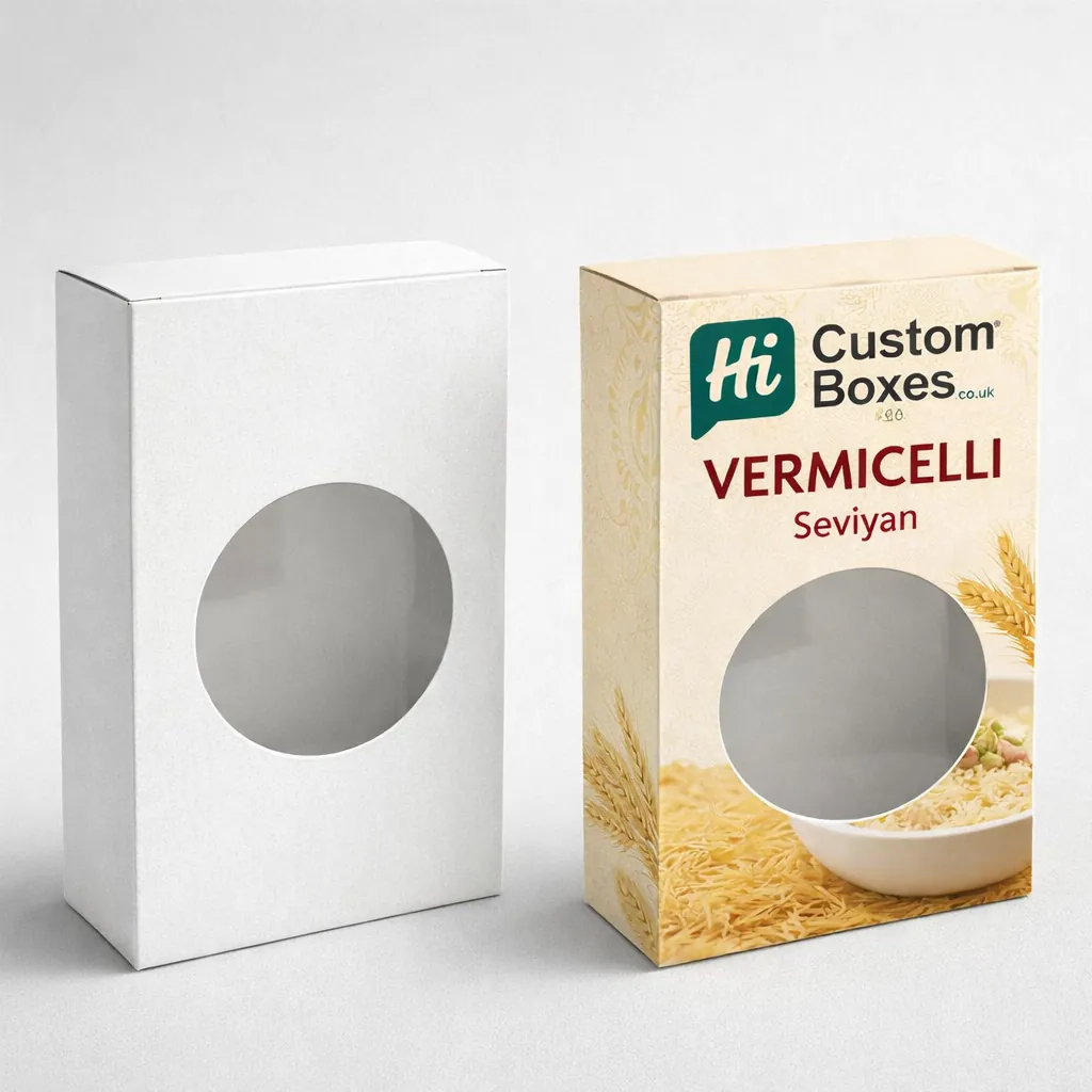 Printed vermicelli boxes featuring a circular window cutout to provide a clear view of the product. class=